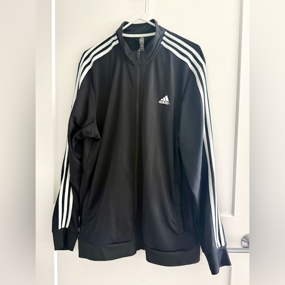 Adidas Men's Black Windbreaker with White Stripes